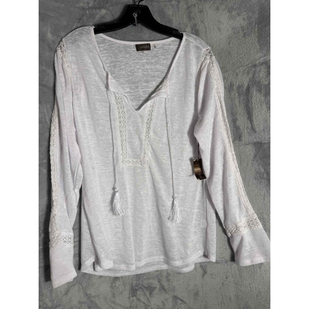 Crosby White Slub Knit‎ Crochet Lace Trim Tassel Tie Long Sleeve Top XL NEW